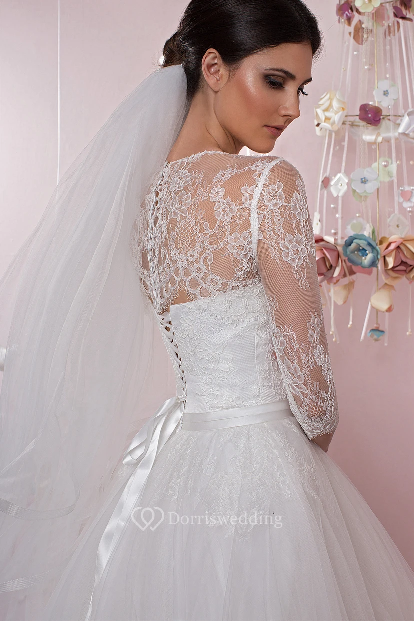 Ball Gown 3-4 Sleeve Appliqued Jewel Neck Tulle Wedding Dress view 4