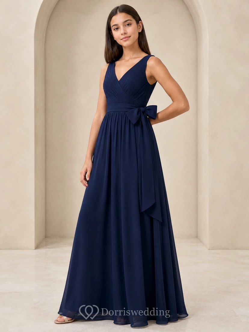 Dunkelblaues Brautjungfernkleid für junge Mädchen, A-Linie, V-Ausschnitt, ärmellos, Chiffon, Taillenschleife, elegant