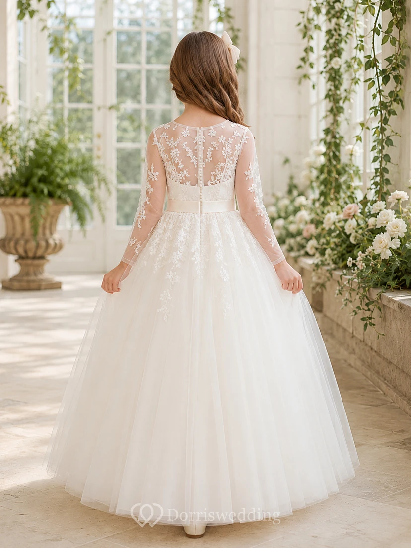 Blumenmädchenkleid aus elfenbeinfarbener Spitze und Tüll, A-Linie, Rundhalsausschnitt, Teelänge, plissiert view 2
