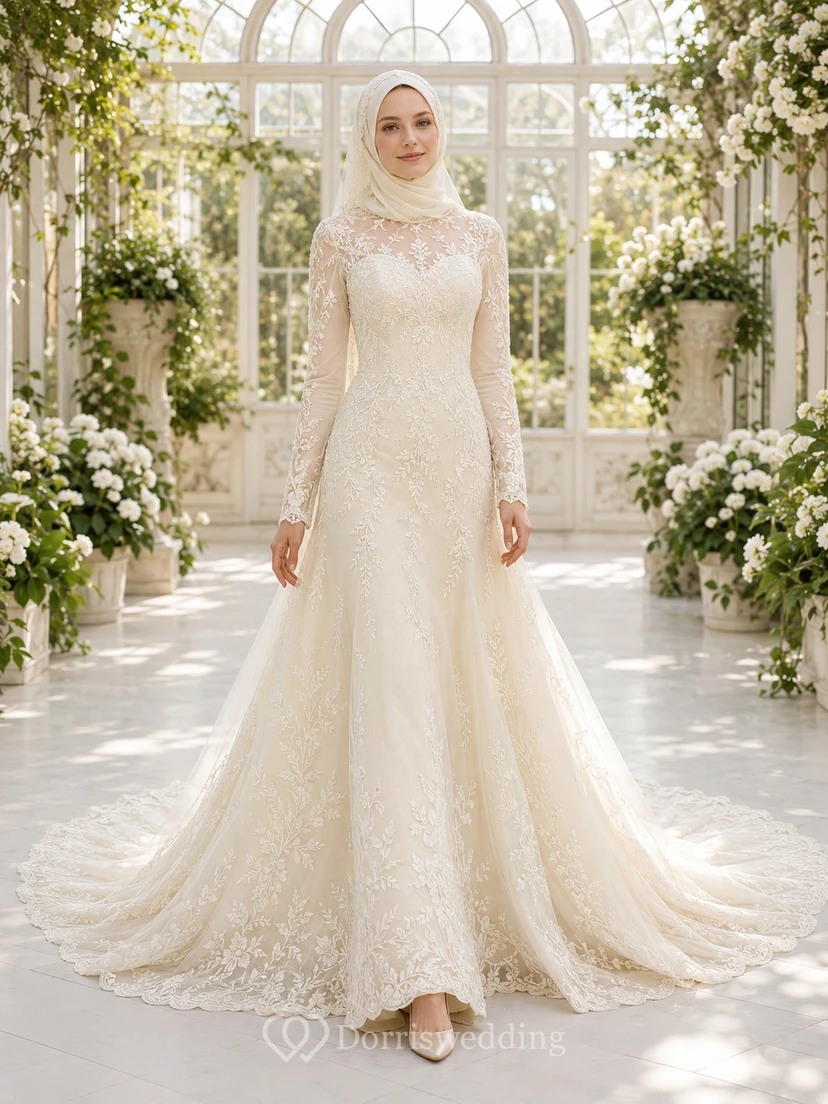Modest Muslim Long Sleeve Lace A-Line Bridal Gown With Chapel Train
