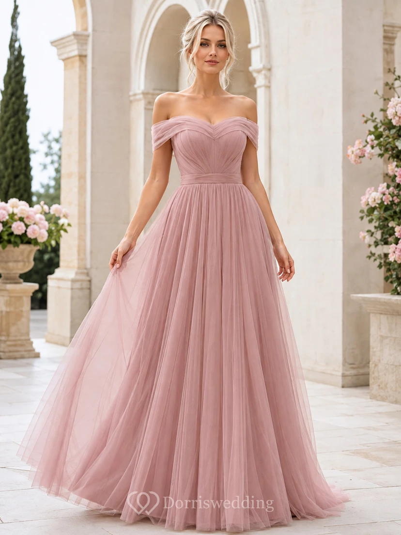 Dusty Rose Off-Shoulder Sweetheart Tulle A-Line Romantic Floor Bridesmaid Gown