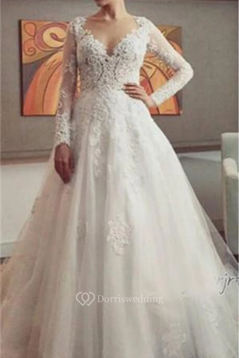 Delicate Lace Appliques Tulle Wedding Dress Button Zipper Back Long Sleeve view 2