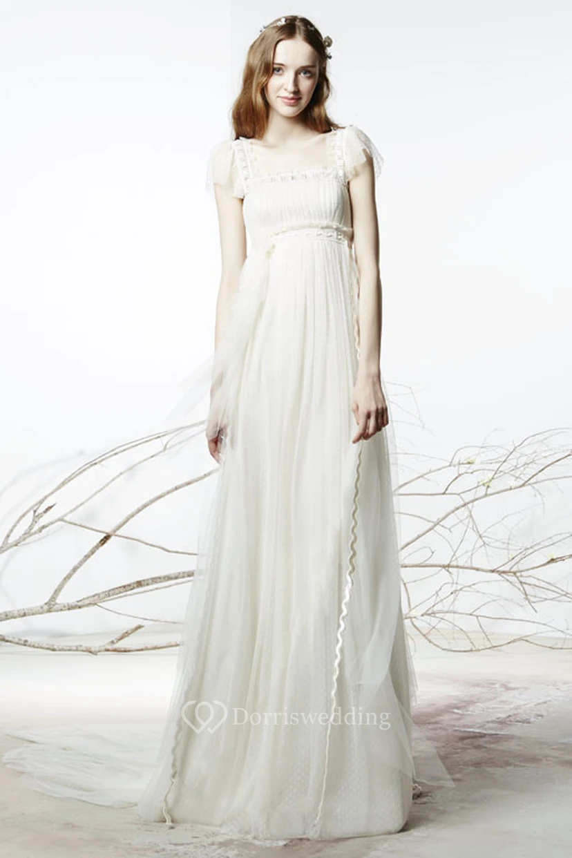 Sheath Floor-Length Square Neck Poet Sleeve Empire Tulle Wedding Dress