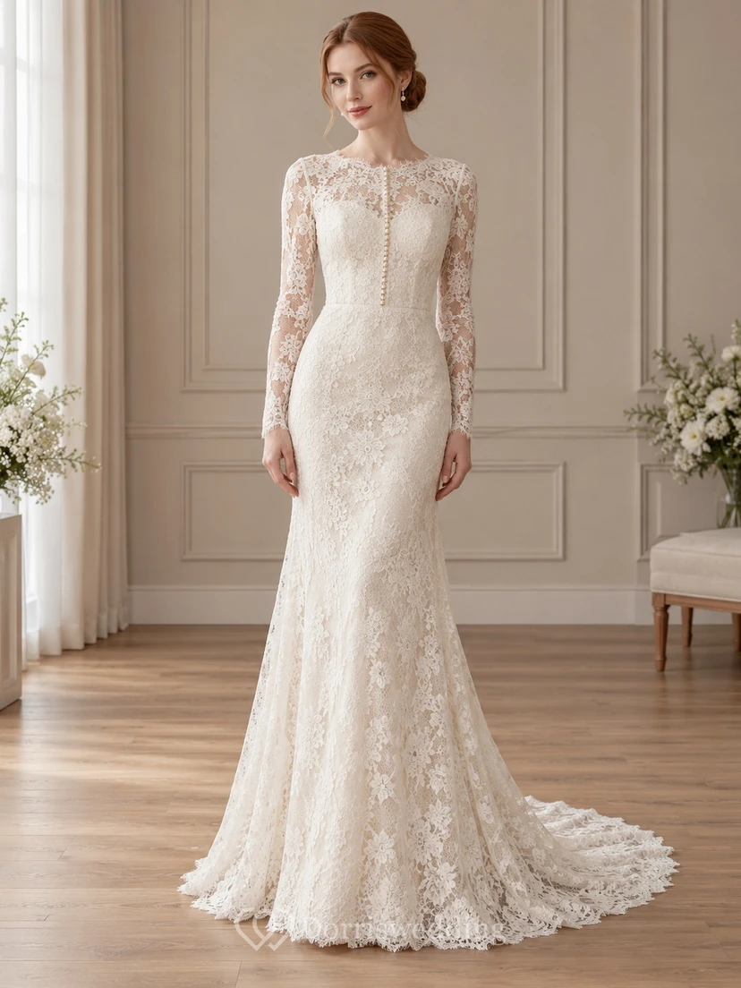 Modest Long Sleeve Jewel Neck Fitted Floral Lace Wedding Dress