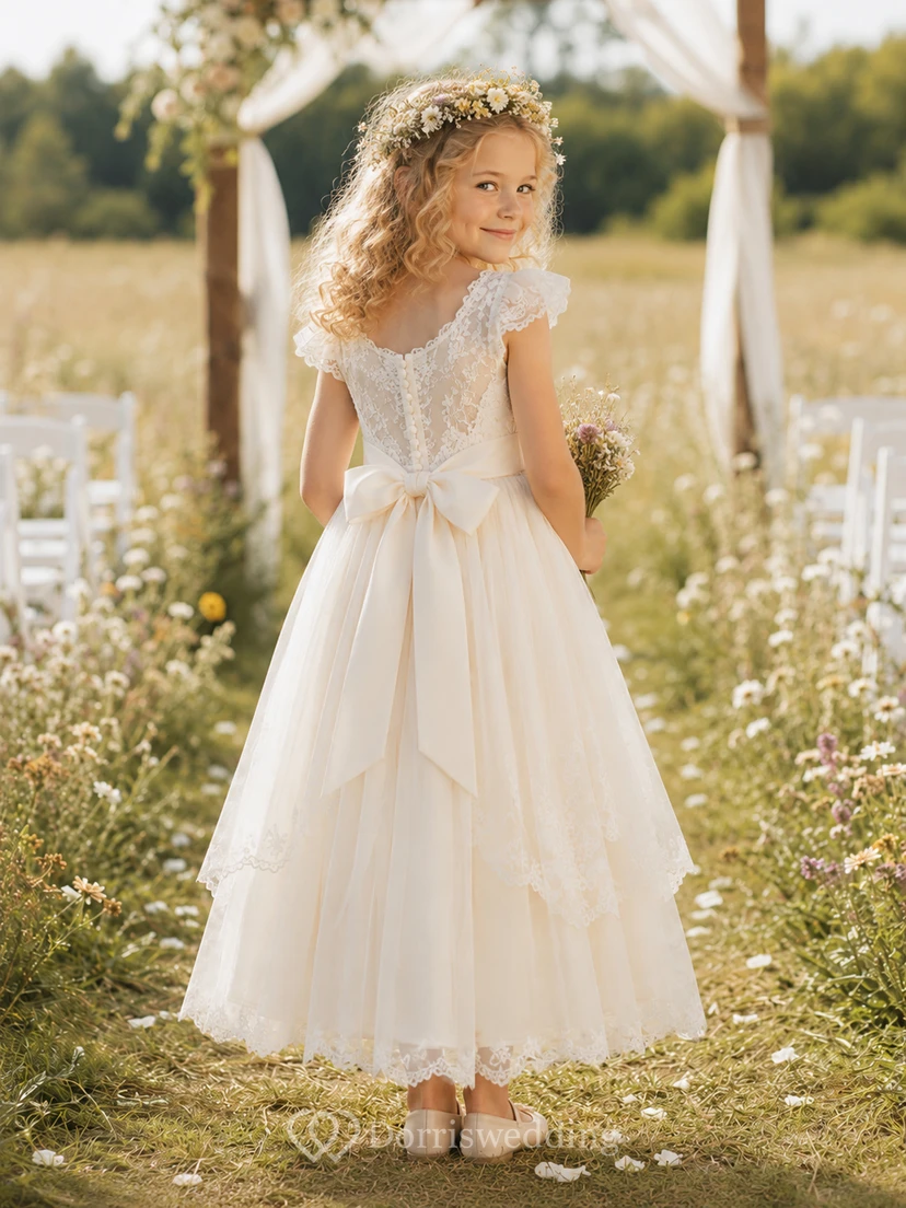 Bohemian Lace Flower Girl Dress with Petal Sleeves, Tulle A-Line Skirt, Floral Lace Bodice, and Floor-Length Outdoor Style view 2