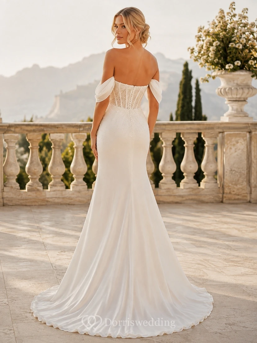 Vestido de novia de sirena con corsé y mangas desmontables con hombros descubiertos view 2