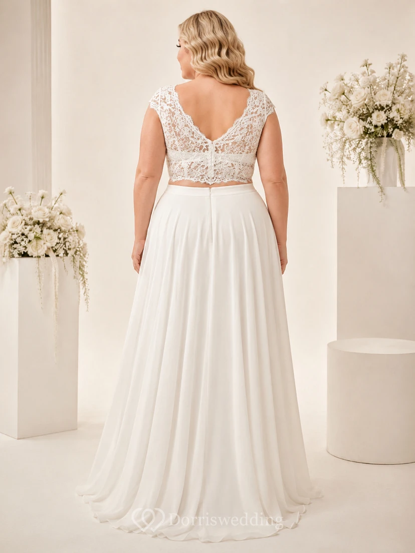 Top corto de gasa con tirantes de encaje de talla grande, conjunto de estudio para novias. view 2
