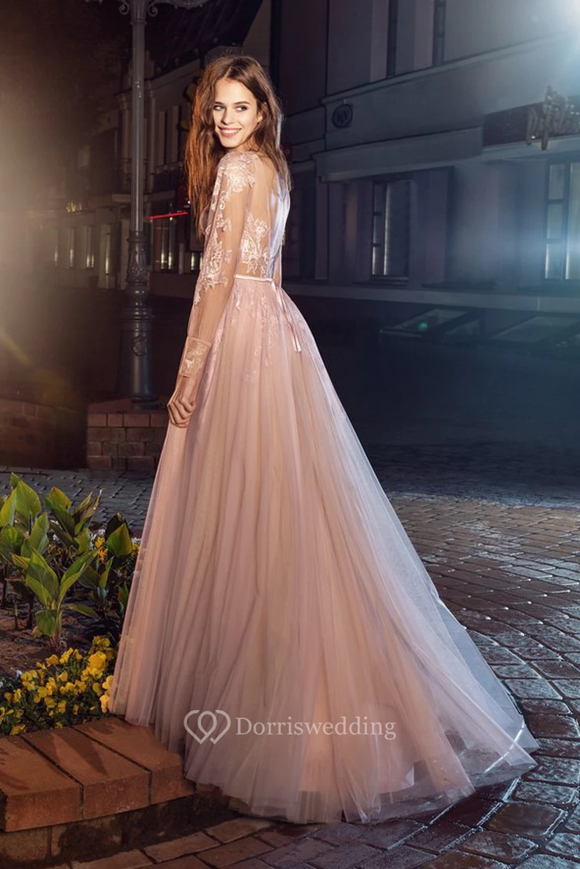 A-Line Bateau Puff Long Sleeve Tea-Length Lace Illusion Dress With Appliques view 2