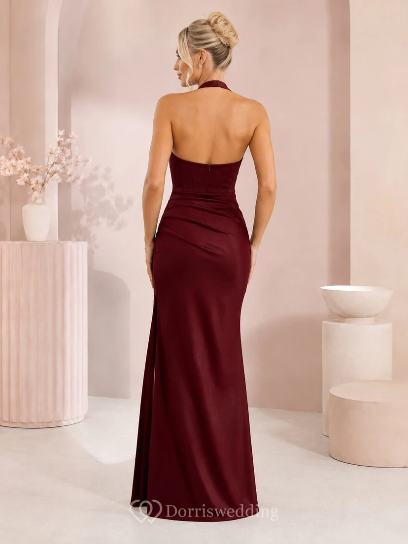 Elegante vestido de novia largo hasta el suelo, de terciopelo burdeos, sin mangas y con un solo hombro, estilo sirena. view 2