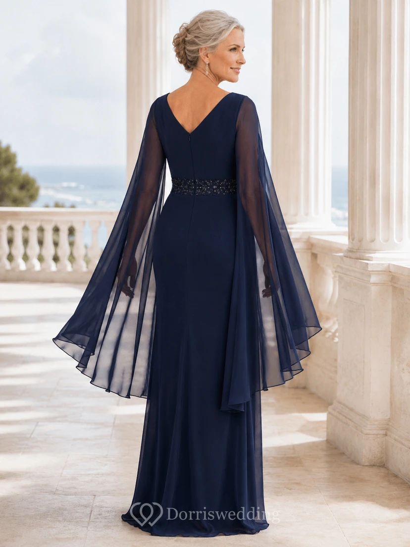 Dunkelblaues, einseitig schulterfreies, perlenbesetztes Chiffon-Cape-Etui-Abendkleid für die Mutter view 2