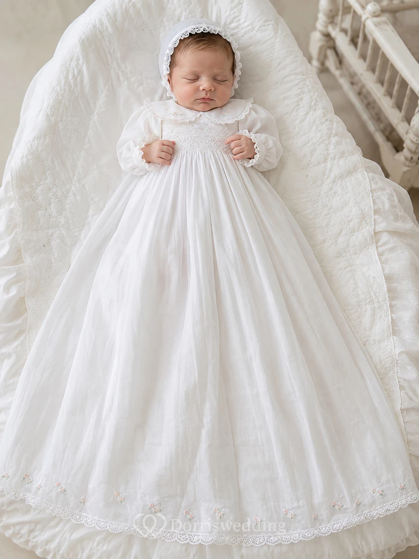 Cotton Batiste Newborn Christening A-Line Long Sleeve Floor-Length Gown Simple Vintage