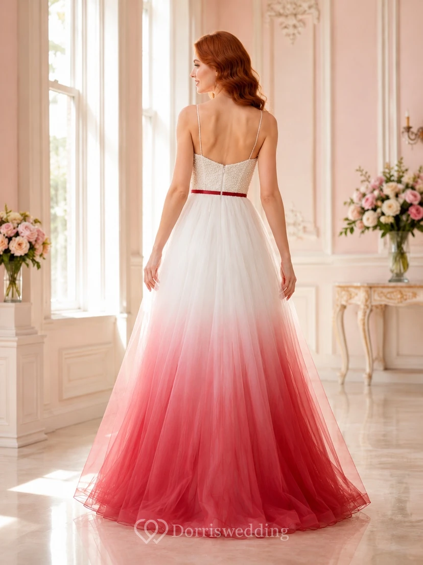 Rotes, bodenlanges, romantisches Brautkleid aus Ombré-Tüll mit Spaghettiträgern, ärmellos, A-Linie view 2