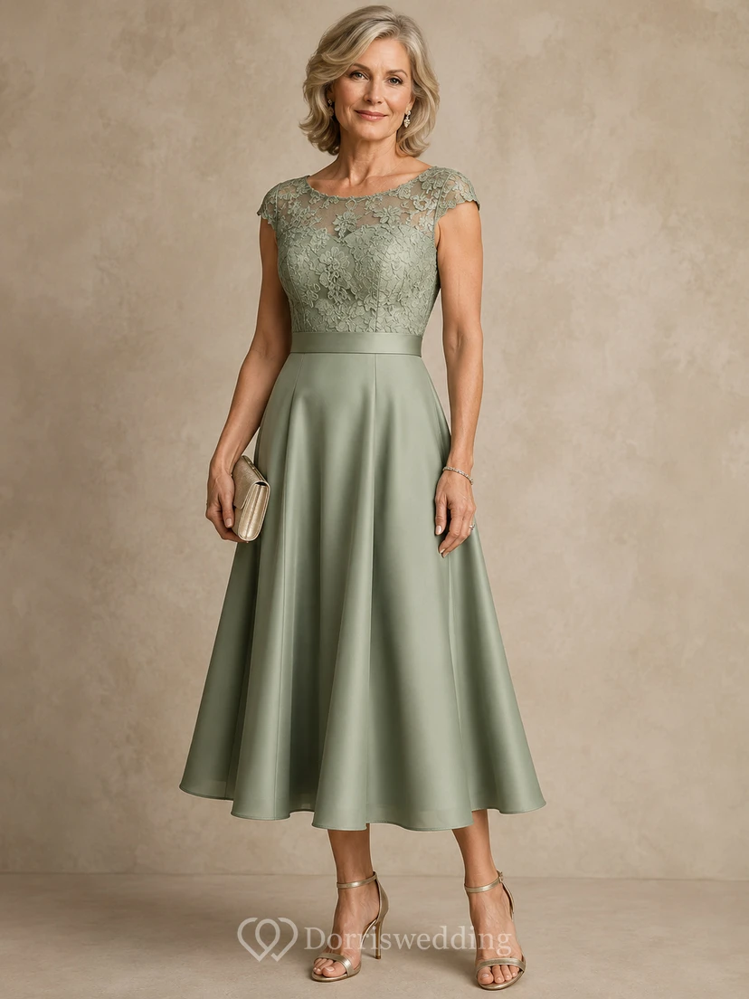 A-Line Tea-Length Bateau Short Sleeve Satin Mother Dress with Lace