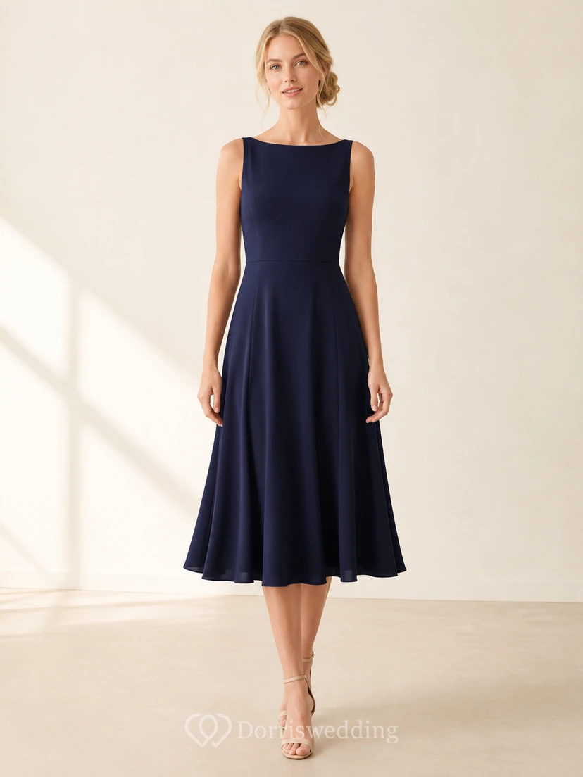 Robe de confirmation bleu marine simple, sans manches, coupe bateau, en mousseline de soie, longueur thé, coupe trapèze, style A, longueur thé