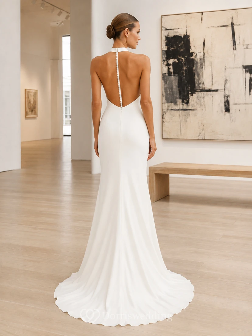 Vestido de novia de crepé ajustado con cuello alto, espalda descubierta y escote halter. view 2