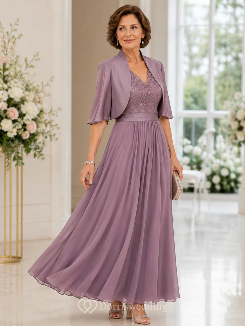 A-Line V-Neck Short Sleeve Chiffon Mother Dress with Lace view 2