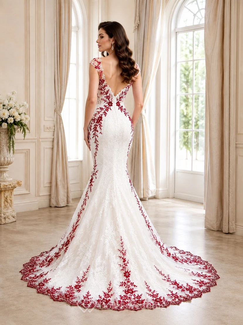 Rotes, ärmelloses, romantisches Brautkleid aus Spitze mit Meerjungfrauenschnitt, V-Ausschnitt und Schleppe view 2