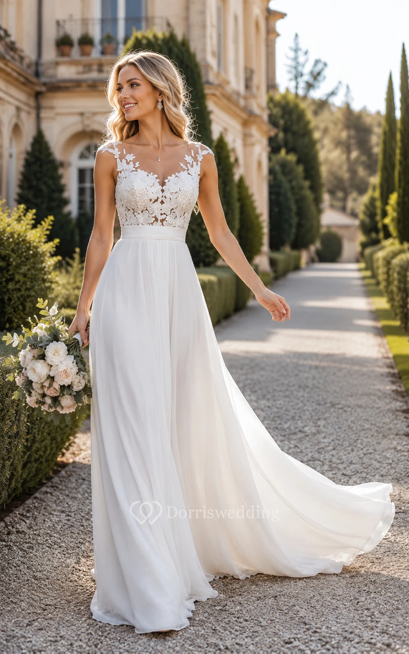 Robe de mariée en mousseline blanche à manches courtes et dentelle illusion, coupe trapèze view 5