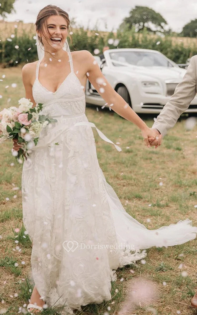 Robe de mariée sexy à bretelles spaghetti et fente sur le devant, sans manches et dentelle. view 7