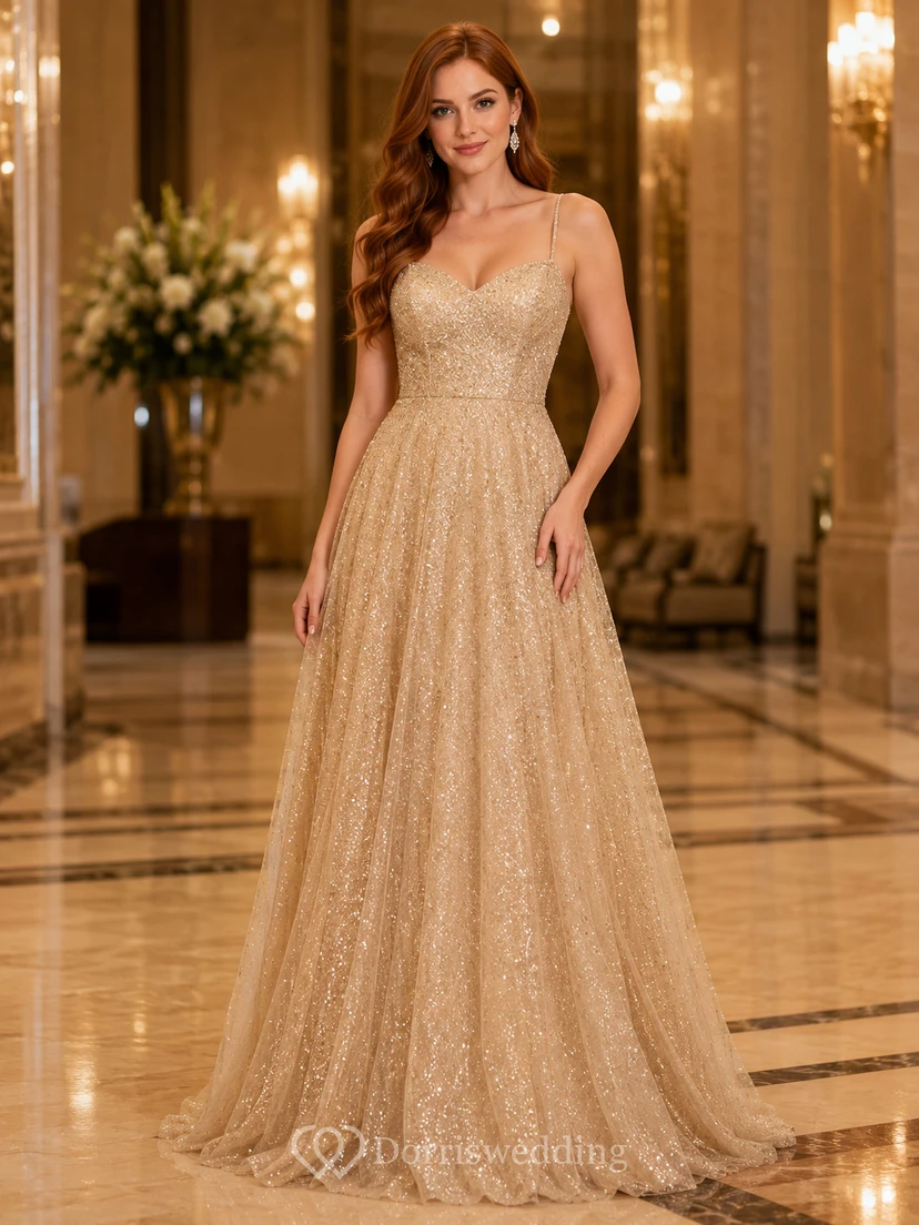 Vestido de corte A de tul brillante con tirantes finos color champán