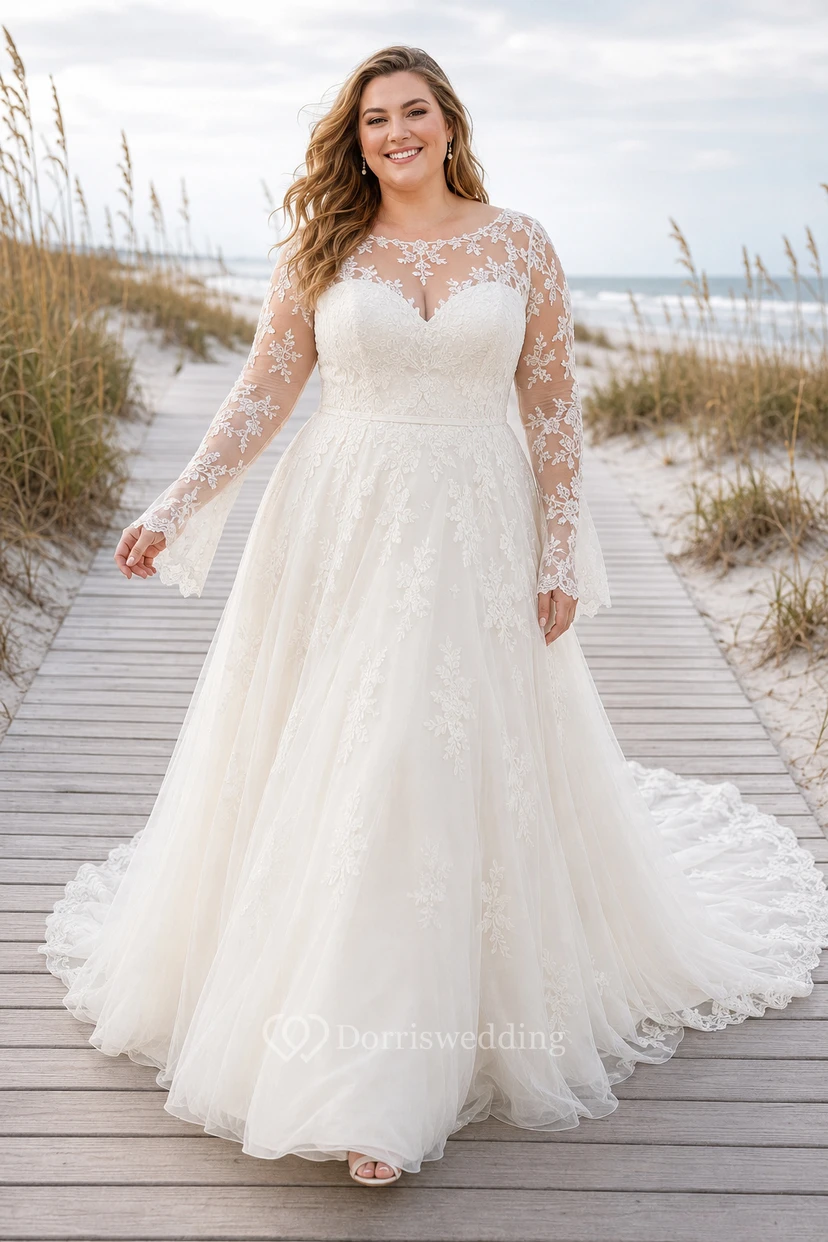 Plus Size Long Sleeve Lace A-Line Beach Wedding Dress with Tulle Train