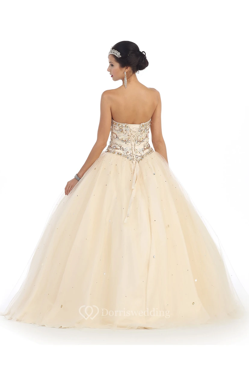 Ball Gown Long Sweetheart Tulle Satin Lace-Up Dress With Cape And Beading view 2