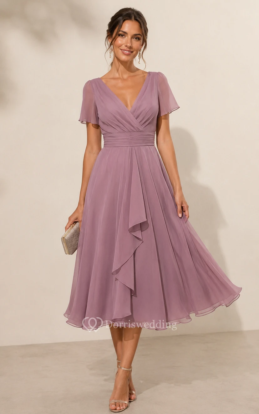 Vestido largo de gasa color malva con escote en V y volantes