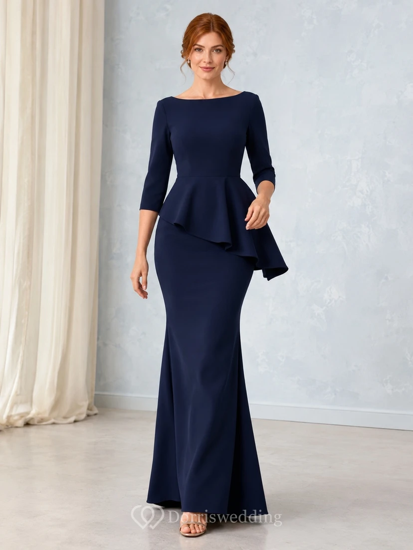 Vestido formal largo hasta el suelo de crepé azul marino oscuro con escote barco, mangas tres cuartos, peplum y corte sirena.
