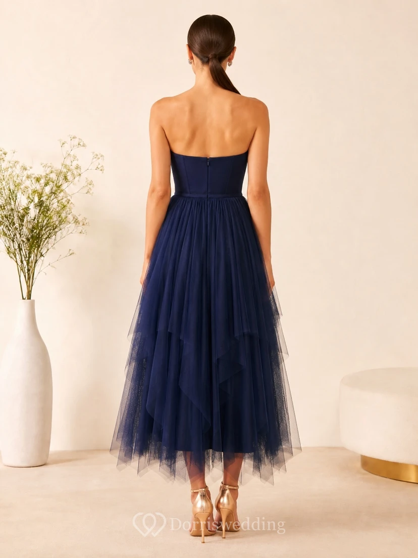 Dark Navy Strapless Tiered Asymmetrical Tulle Tea-Length A-Line Evening Dress view 2