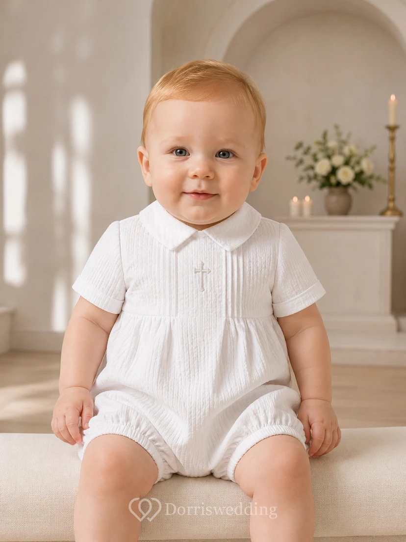 White Cross Embroidered Peter Collar Baptism Bubble Romper for Baby Boy