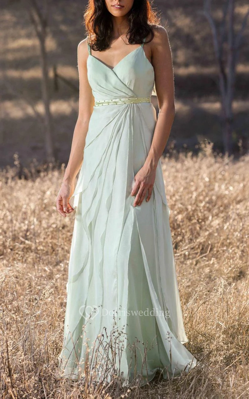 Spaghetti Straps V Neck Empire Layered A-line Chiffon Long Dress view 4