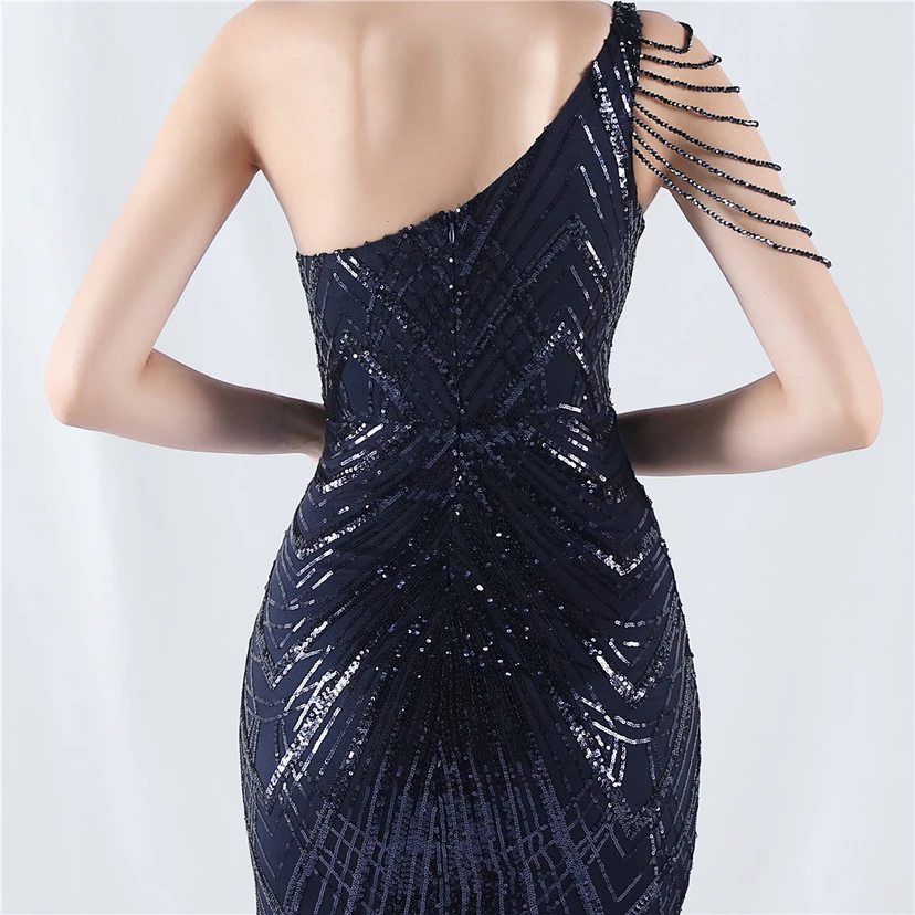 Positioning Flower Beaded Craft Beaded One-Shoulder Oblique Collar High Slit Evening Dress view 47