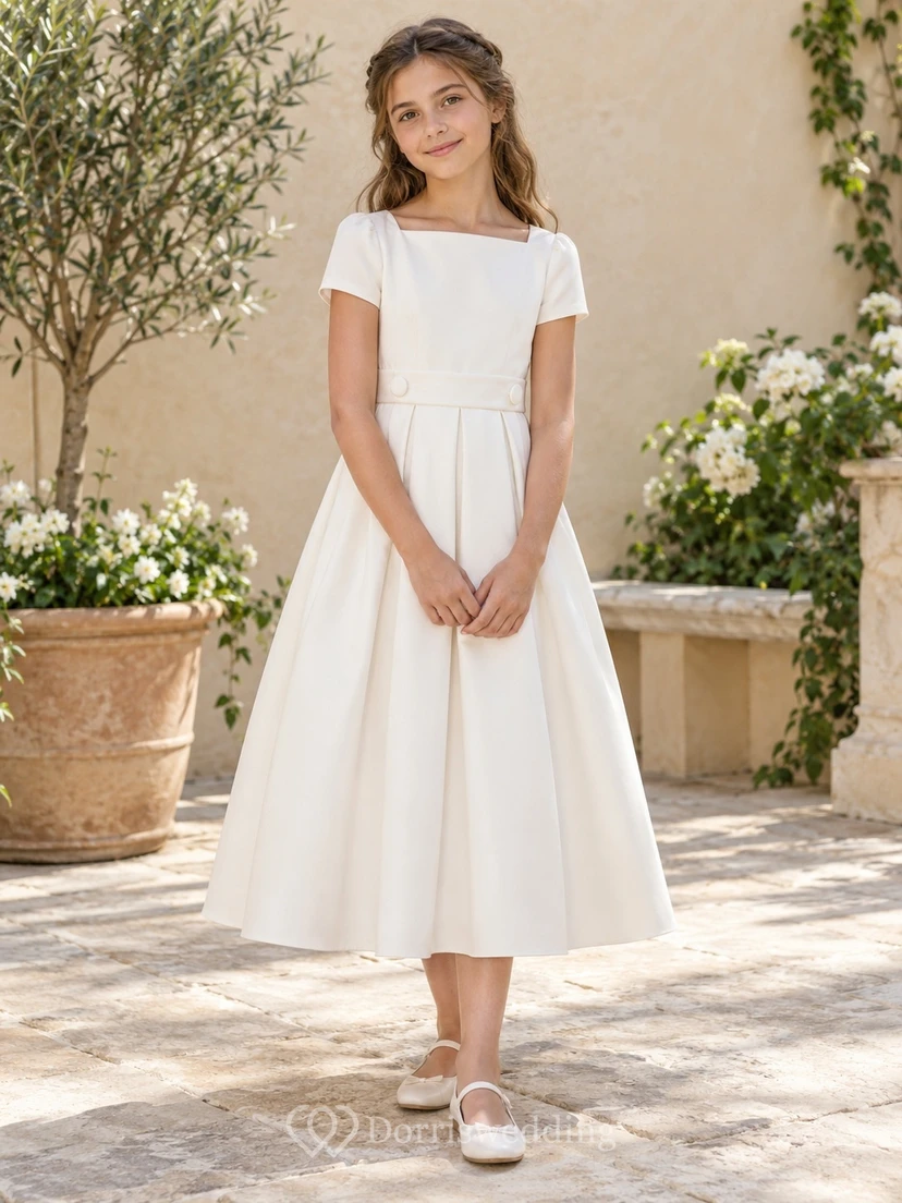 Square Neck Simple Modest Tea-length Ivory Short Sleeve Deep Pleated Buttoned A-Line Flowergirl Dress