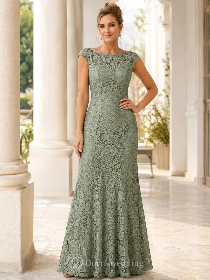 Elegante vestido de noche formal largo hasta el suelo, de encaje completo, con escote barco, mangas cortas y corte sirena, color celadón.