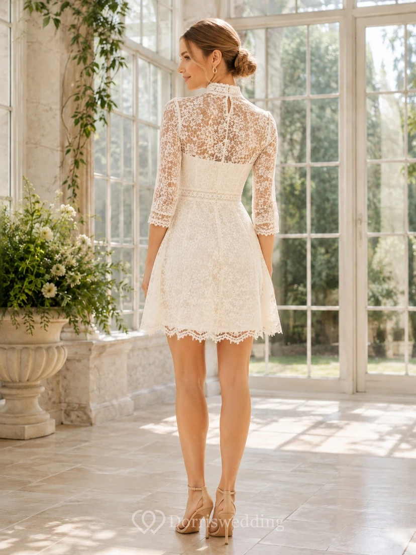 Lace V-Neck Three Quarter Sleeve Vintage Wedding Dress view 2