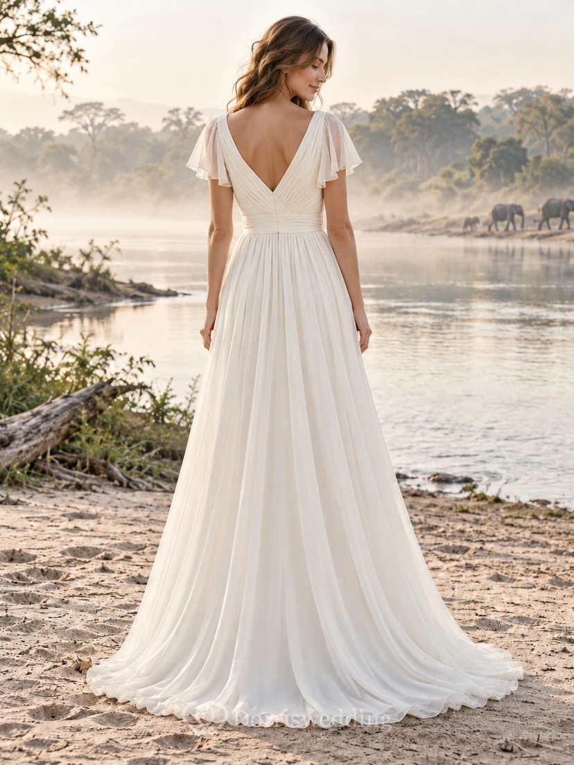 Vestido de novia sencillo de gasa con escote en V, manga corta, corte en A y cintura fruncida. view 2