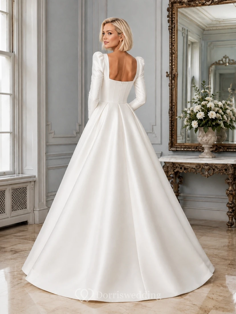 Simple Bridal Satin Square Neck Long Sleeve A-Line Wedding Gown view 2