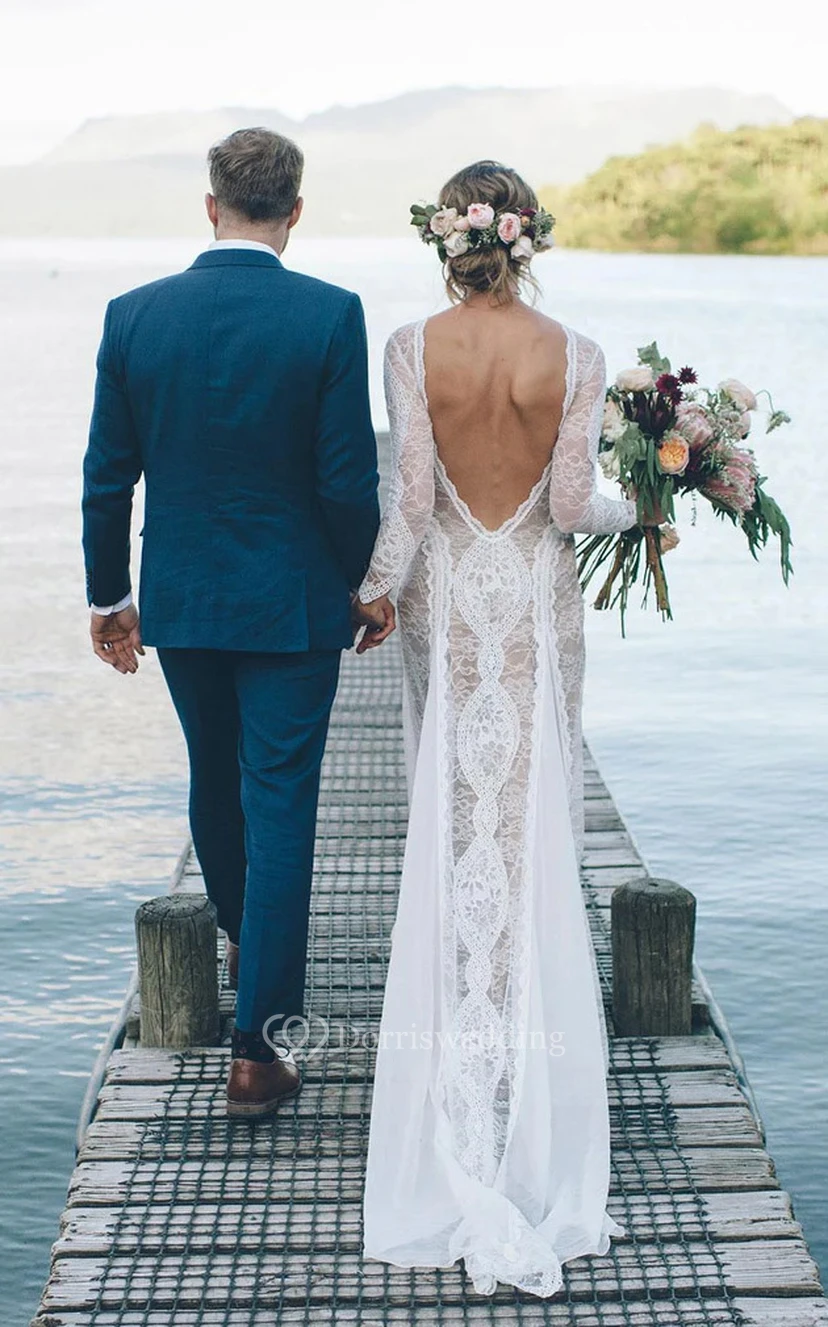 Boho-Hochzeitskleid mit U-Boot-Ausschnitt, langen Ärmeln und tiefem V-Ausschnitt, Spitze view 6