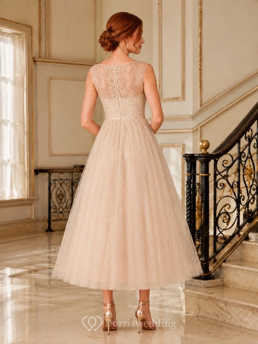 Romantic Petal Lace Tulle A-Line Tea-Length High Neck Sleeveless Formal Dress view 2