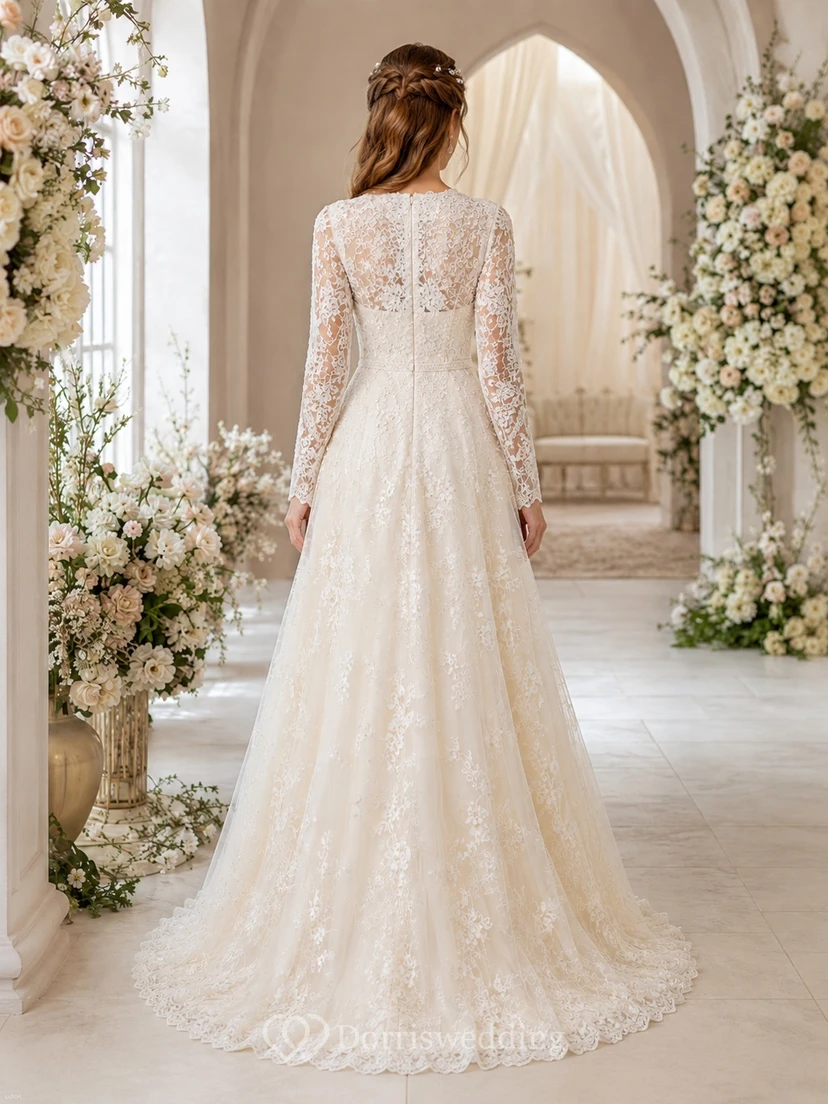 Floral Lace Long Sleeve A-Line V-Neck Floor Length Modest Bridal Ceremony Dress view 2