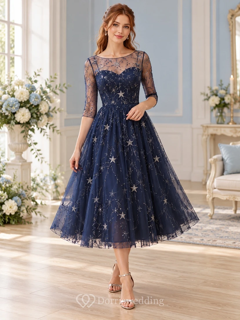 Dark Navy Star Embroidered Illusion Elbow Sleeve Tea-length Dress