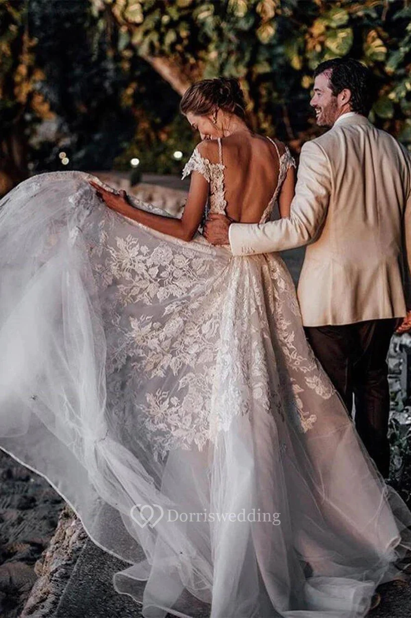 Plunged Cap Scoop-neck Applique Mermaid Exquisite Backless Wedding Dress view 2