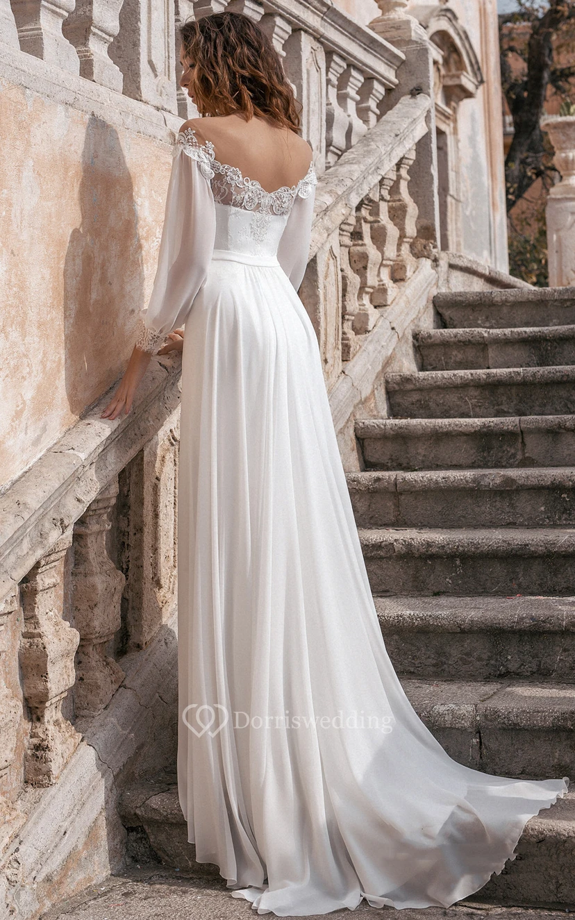 Vintage Meerjungfrauen-Chiffon-Brautkleid mit schulterfreiem Ausschnitt und Schleppe view 2