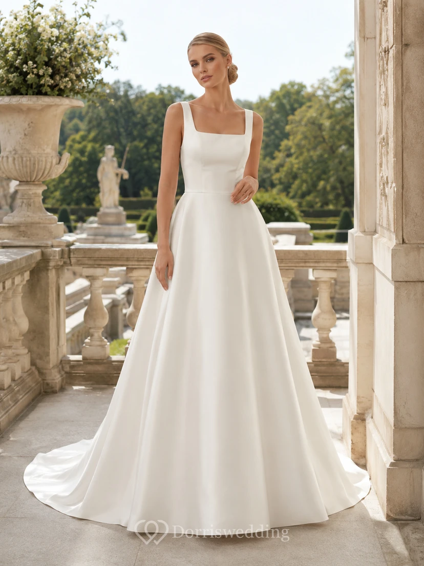 Brautkleid aus Satin, A-Linie, eckiger Ausschnitt, ärmellos, mit Hofschleppe