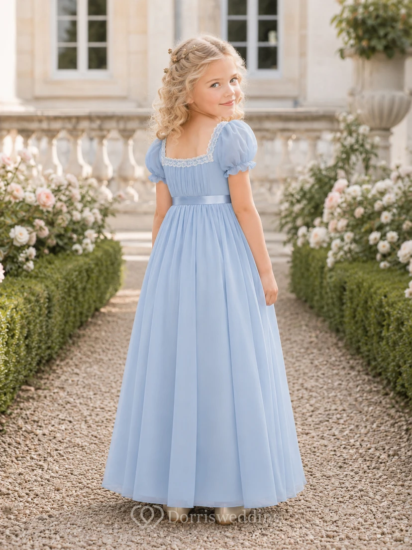 Powder Blue Flower Girl Dress Floor-Length Chiffon A-Line Square Neck Puff Sleeve Lace Cascade view 2