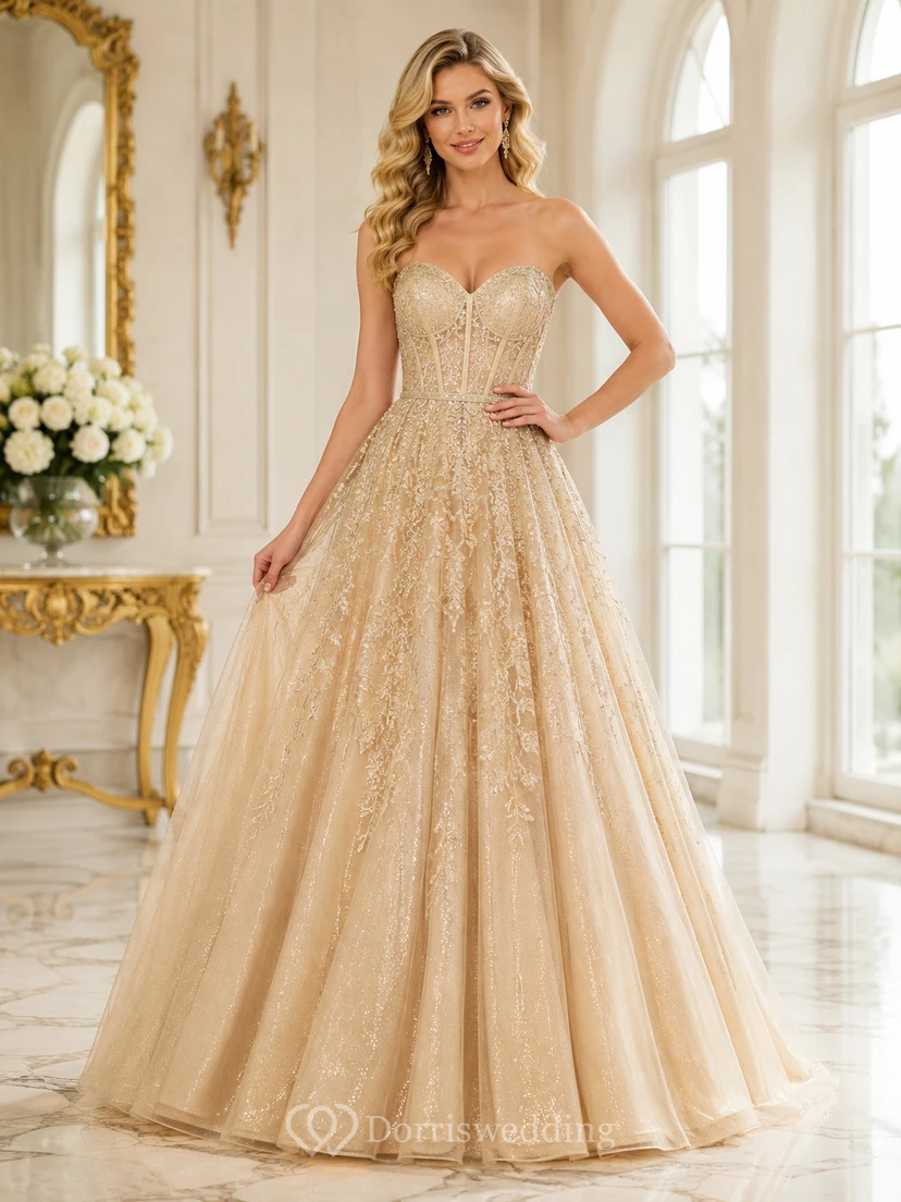 Vestido de noche de lujo largo hasta el suelo, sin tirantes, con escote corazón, de tul con lentejuelas, color champán dorado.