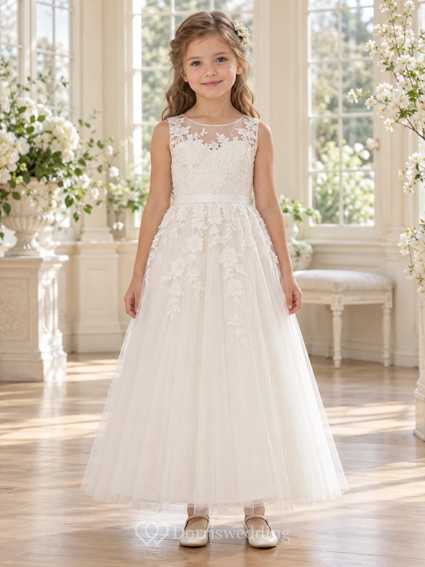 Ivory Floral Illusion Jewel Sleeveless Ankle-length A-Line Gathered Tulle Satin Sash Button Flowergirl Dress