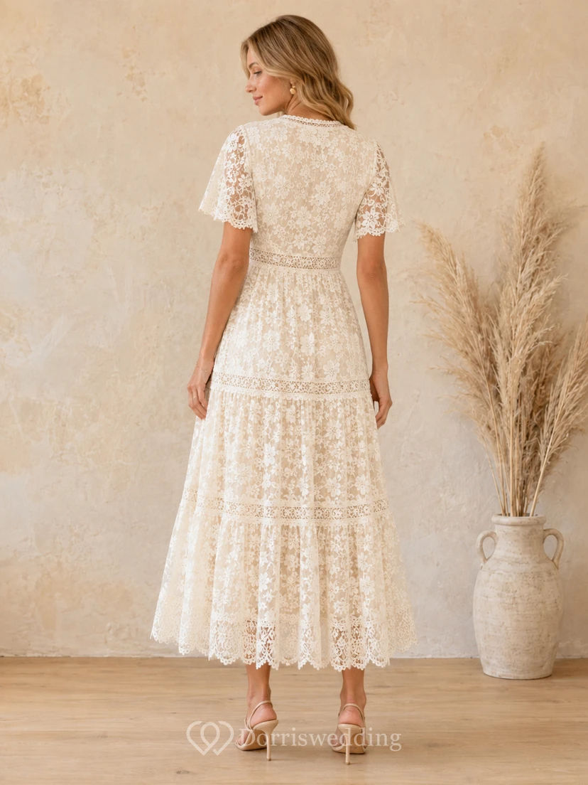 Bohemian Ivory Tea-Length V-Neck Tiered Crochet Lace Guest Dress Rustic view 2