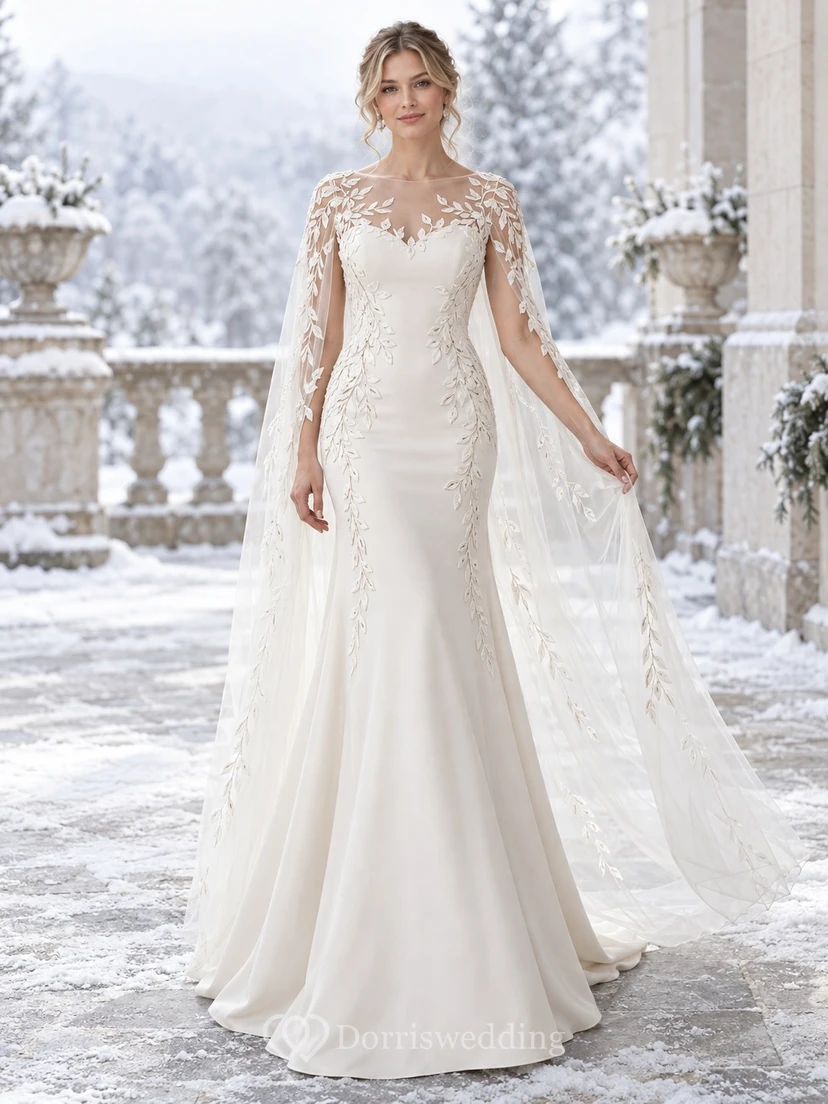 Vestido de novia de invierno estilo sirena con cuello joya transparente, encaje de hojas y capa de satén