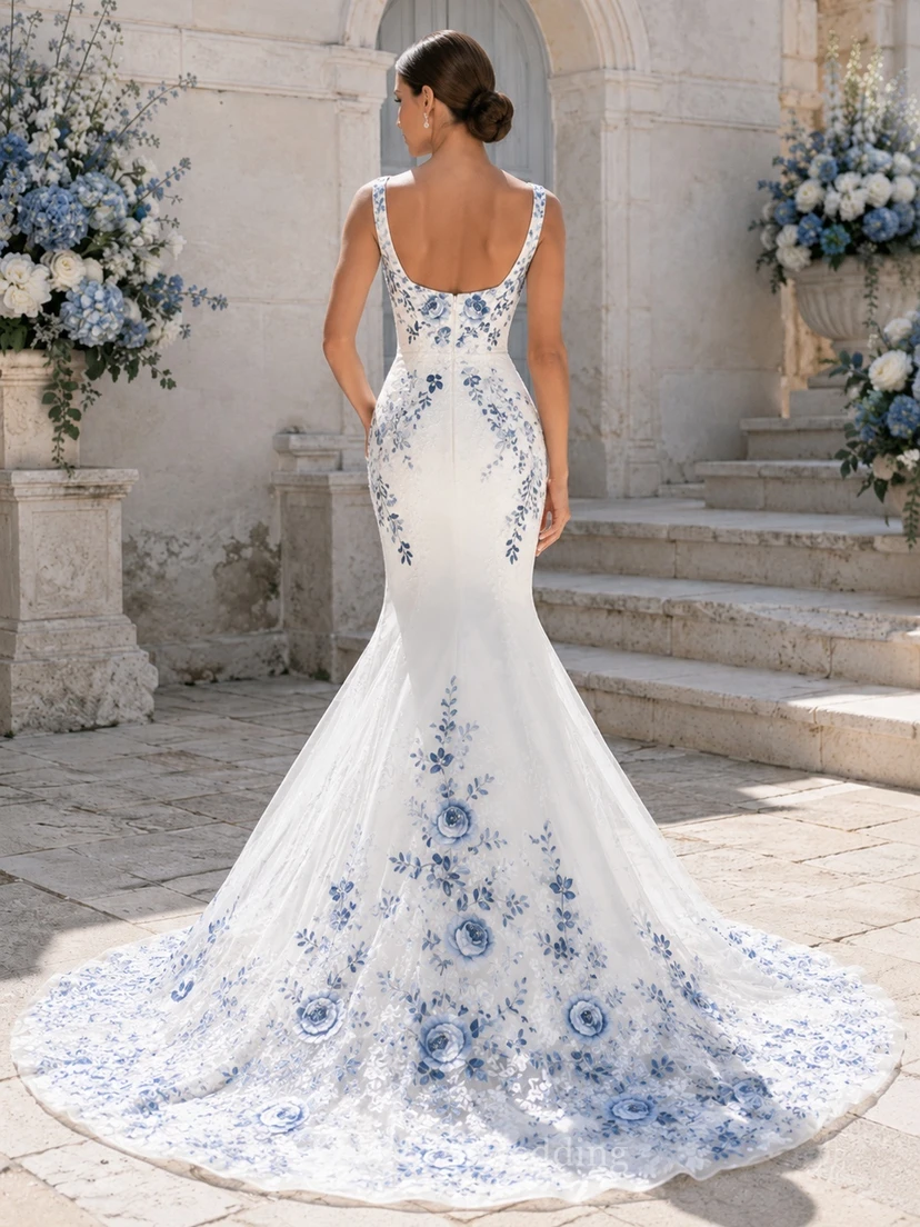 Himmelblaues, besticktes Meerjungfrauen-Brautkleid mit eckigem Ausschnitt, ärmellos, aus Spitze view 2
